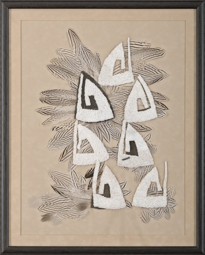 first flight 31x32” Beads, feathers, plastic mesh Collage, bead embroidery