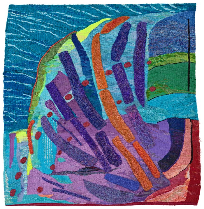 Monarchy 57x54” Wool, linen, cotton, rayon, beads Tapestry weaving, wrapping, bead embroidery